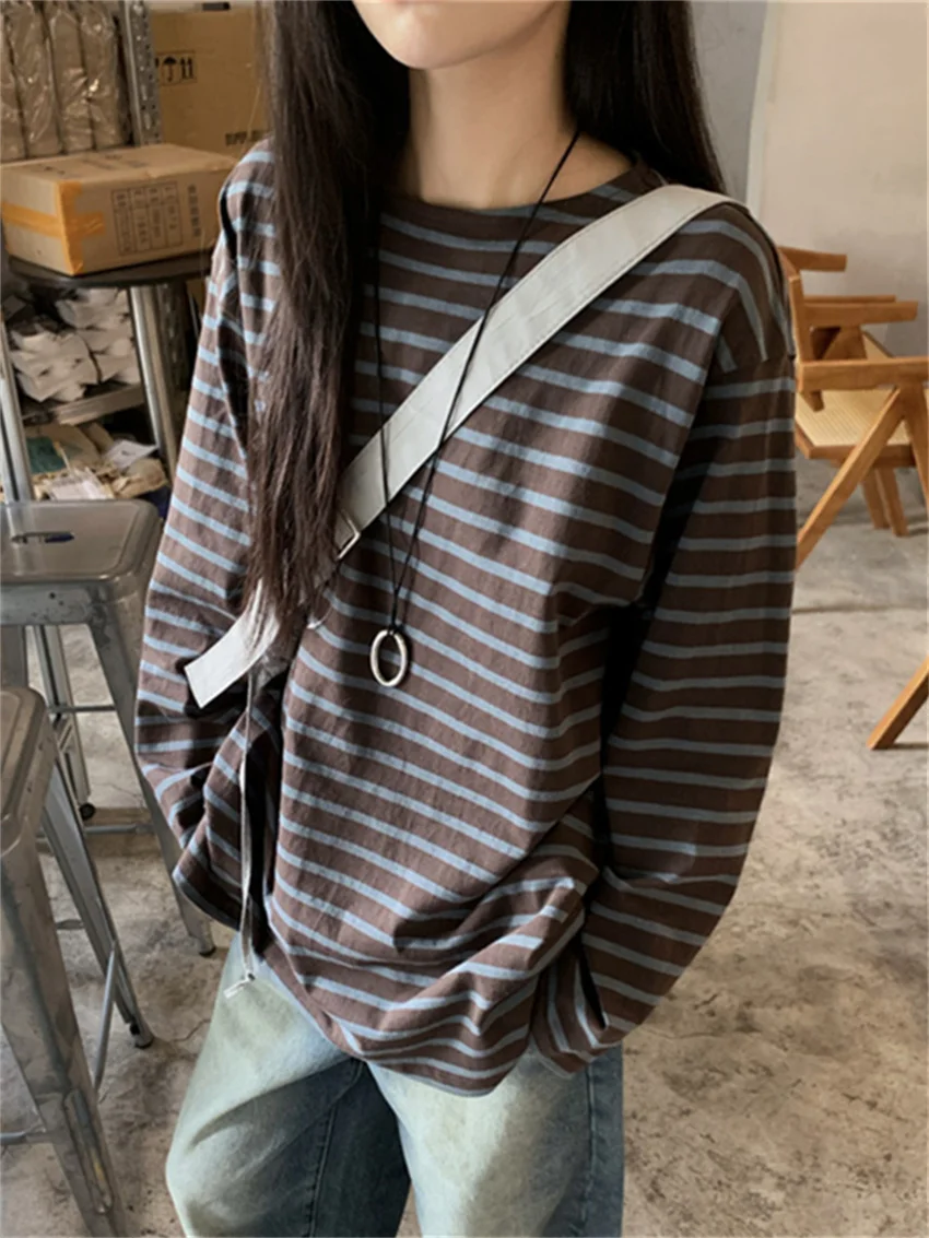 Alien Kitty Loose Tees Stripes Vintage Streetwear All Match Fashion 2024 Oversize Full Sleeve Autumn Casual Office Lady T-Shirts