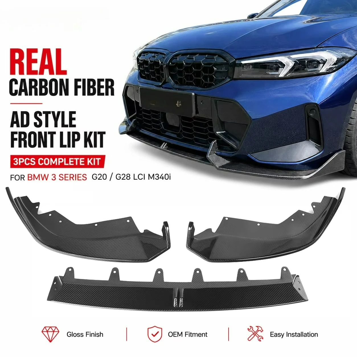 

Real Carbon Fiber AD Style Front Lip for BMW 3 Series G20 G28 LCI 330i M340i 2023-2026 M Sport Bumper Splitter