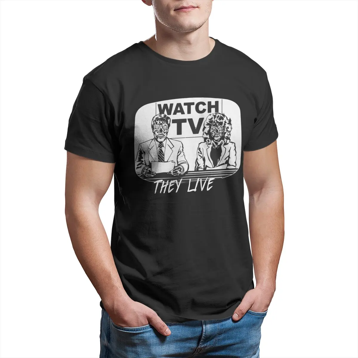 

Watch TV They Live vintage horror movie t shirt for men retro halloween film Oversized John Carpenter graphic men clothing