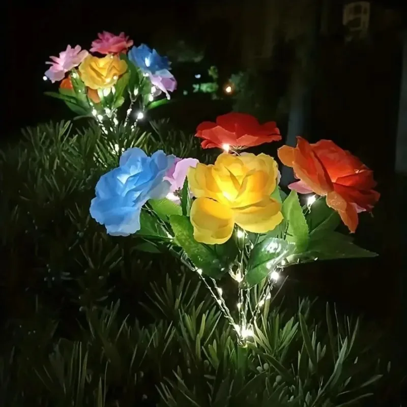 1 Bundle 7-Head Color Solar Rose Simulation Garden Light, LED Ground Inserted Atmosphere Decoration Light for Pathway Patio Gard image 2
