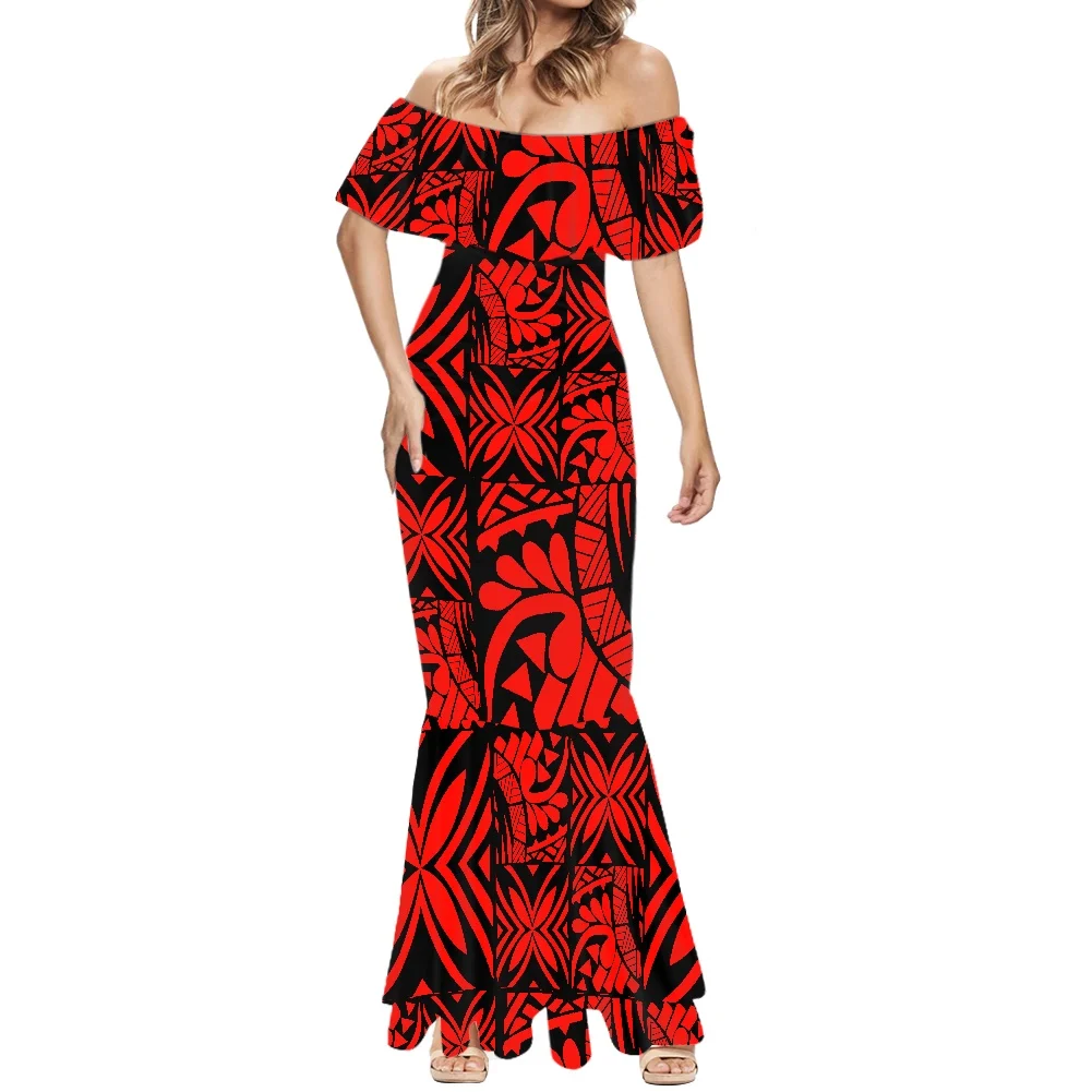 7XL Oversized Bodycon Mermaid Sexy Off Shoulder Ruffle Dresses For Women Polynesian Tribal Clothing Hawaii Samoa Evening Party