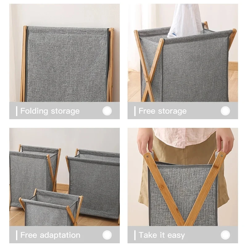 Dirty Clothes Laundry Basket Wood Bracket Foldable Cotton Linen Storage Baskets Bathroom Organizer Japanese Style Clothes Hamper