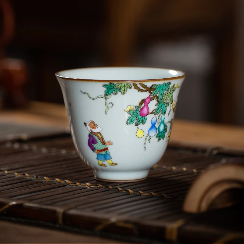 Kiln Ru Ware Hand Painted Enamel Tea Set Kung Fu Tea Cup Single Cup Gourd Brothers Tea Master Cup Jingdezhen