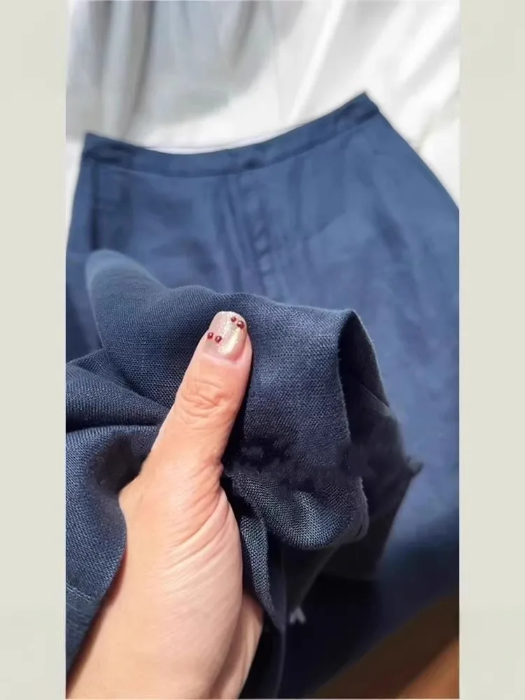 Luźne lniane spodnie z wysokim stanem, proste nogawki, ciemnoniebieskie, proste, oddychające, zapewniające uczucie chłodu, na wiosnę i lato, damskie, premium, wygodne.