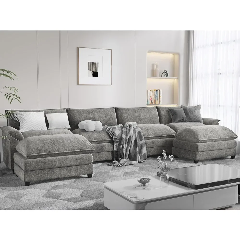 Modern Convertible Sofa U Shaped Couch, Fabric 6 Seat Sofa Set with Ottoman, Modular Sectional Sofa Couch, Sectional Couch