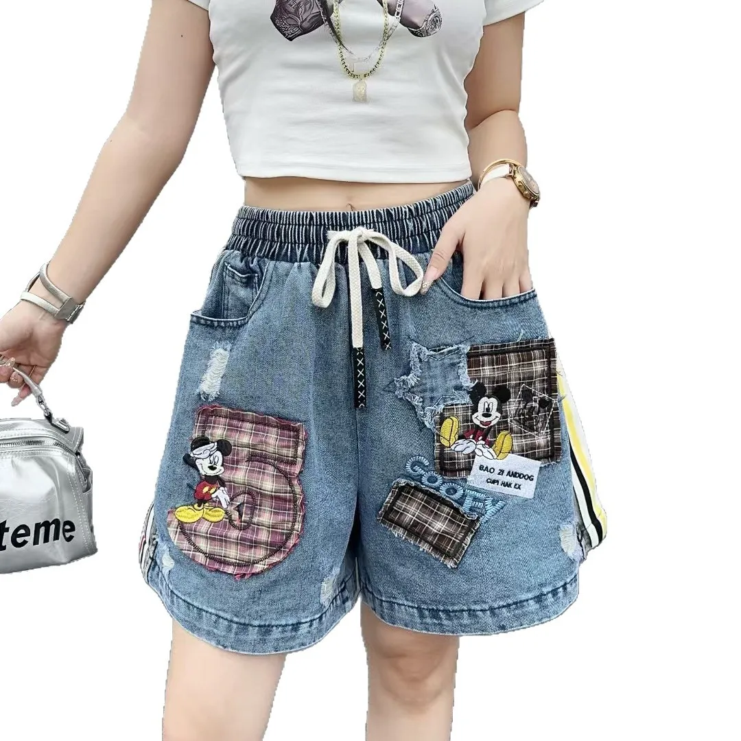 Summer New Korean Style Loose Versatile Cartoon Print Denim Shorts Women Hot Pants Ins Trend Elastic Waist Blue Denim Shorts