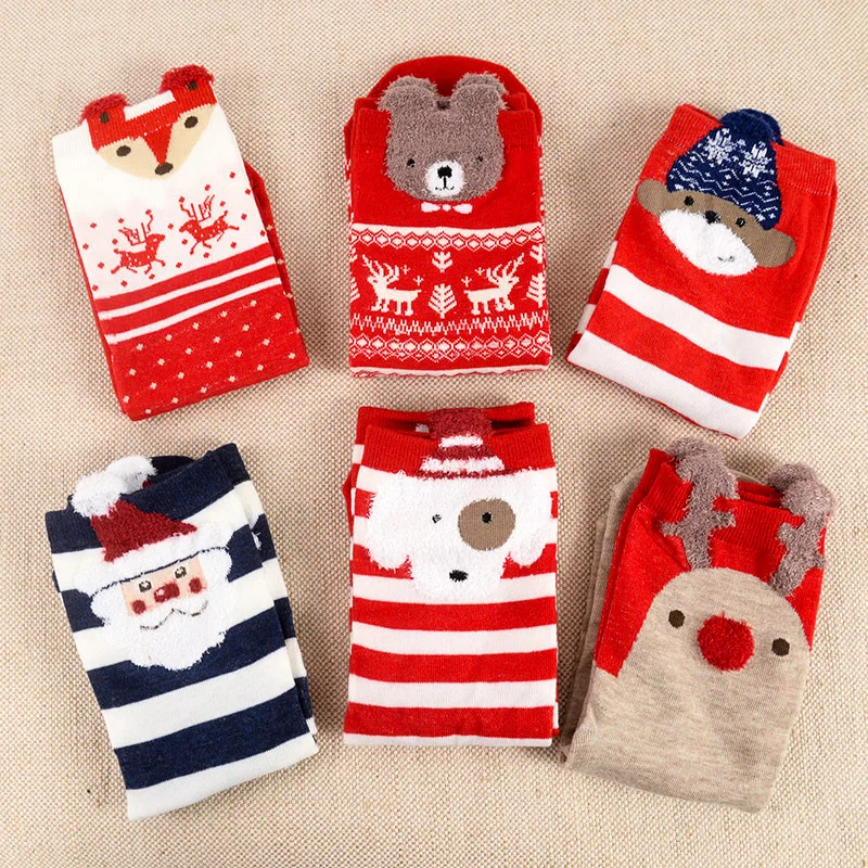 1Pair Cute Christmas Socks Cartoon Santa Elk Bear Stripe Socking for Women Men Winter Warm Funny Mid Tube Cotton Socks Xmas Gift