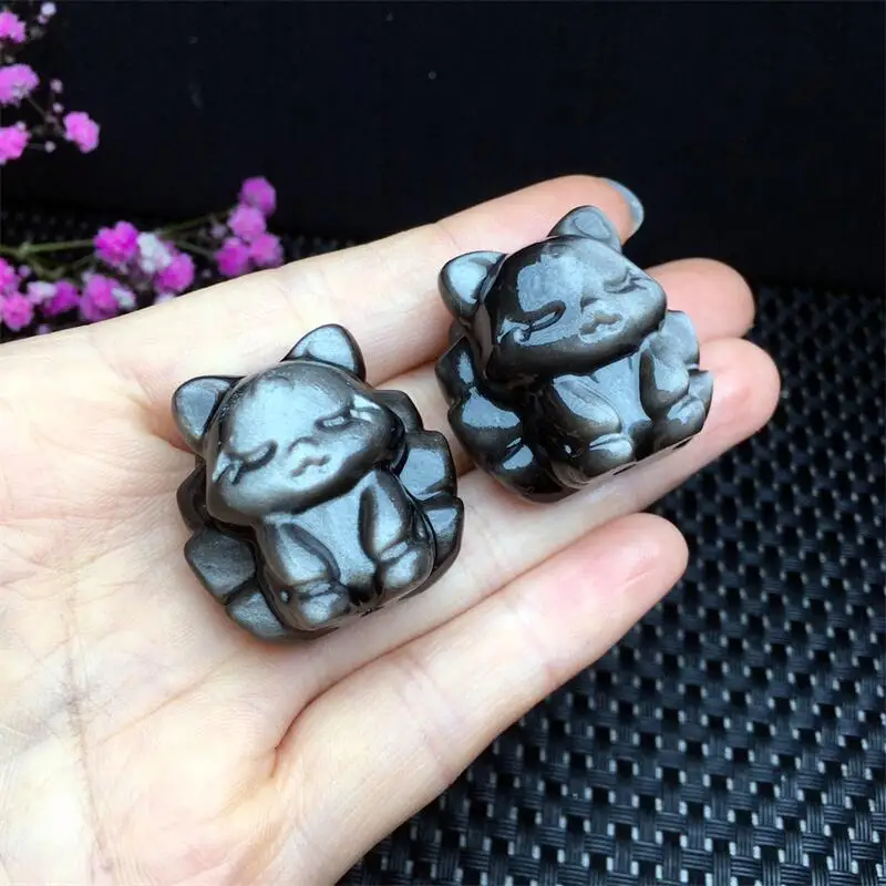 4PCS Natural Silver Obsidian Nine-tailed Fox Fairy Carving Healing Reiki With Hole Fashion Jewelry For Friends Gift 29MM