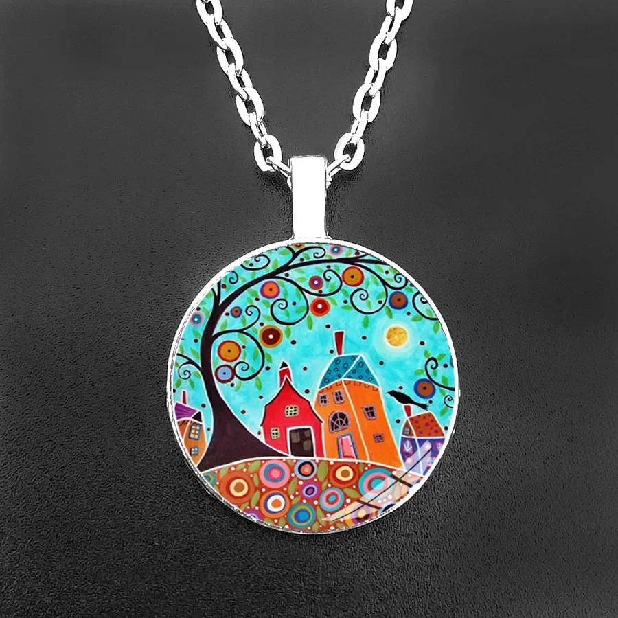 Abstract Oil Painting House and Tree Women Chain Necklace Starry Night Glass Cabochon Pendant Necklace for Women