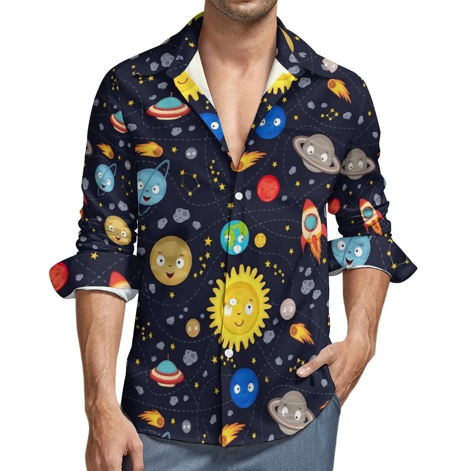 Spring Design Clothing Outer Space Print Blouse Mens Stars Moon Galaxy Shirt Long Sleeve Lapel Loose Comfortable Casual Shirts