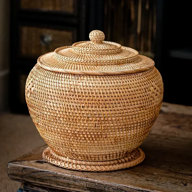 New Handwoven Rattan Storage Box with Lid Tea Food Container Kongfu Tea Set Bread Fruit Basket with Lid Puer Tea Bag Organizer