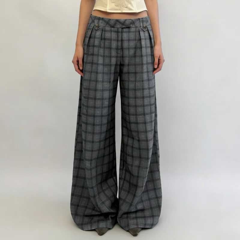 American Street Style High Waist Plaid Print Straight Casual Pants Spice Girl Design Sense Casual Versatile Knitted Suit Pants