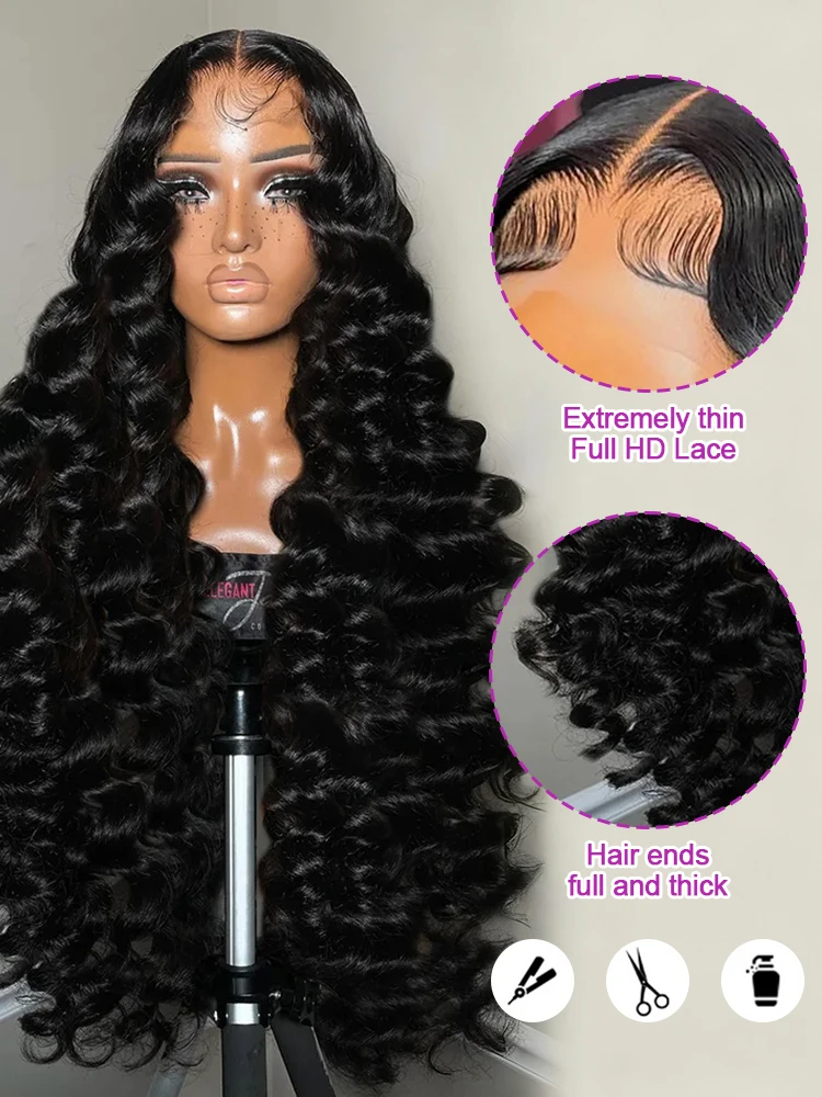 250 Density 40 42 Inch Loose Deep Wave Wigs 100% Brazilian Curly Wig Human Hair Wig 13x4 13x6 HD Transparent Lace Frontal Wig Pre Plucked Natural Black 360 Full Lace Front Human Hair Wigs For Women view 6
