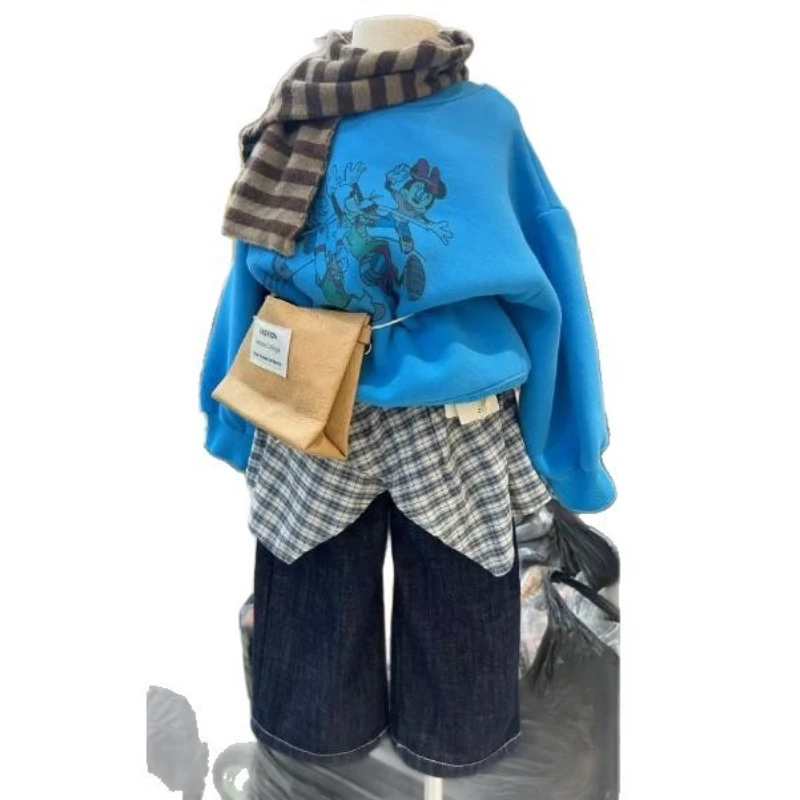 طقم هوديي شتوي للفتيات، بلوفر وسروال من القطيفة بطباعة كرتونية للأطفال، بلوزة فضفاضة