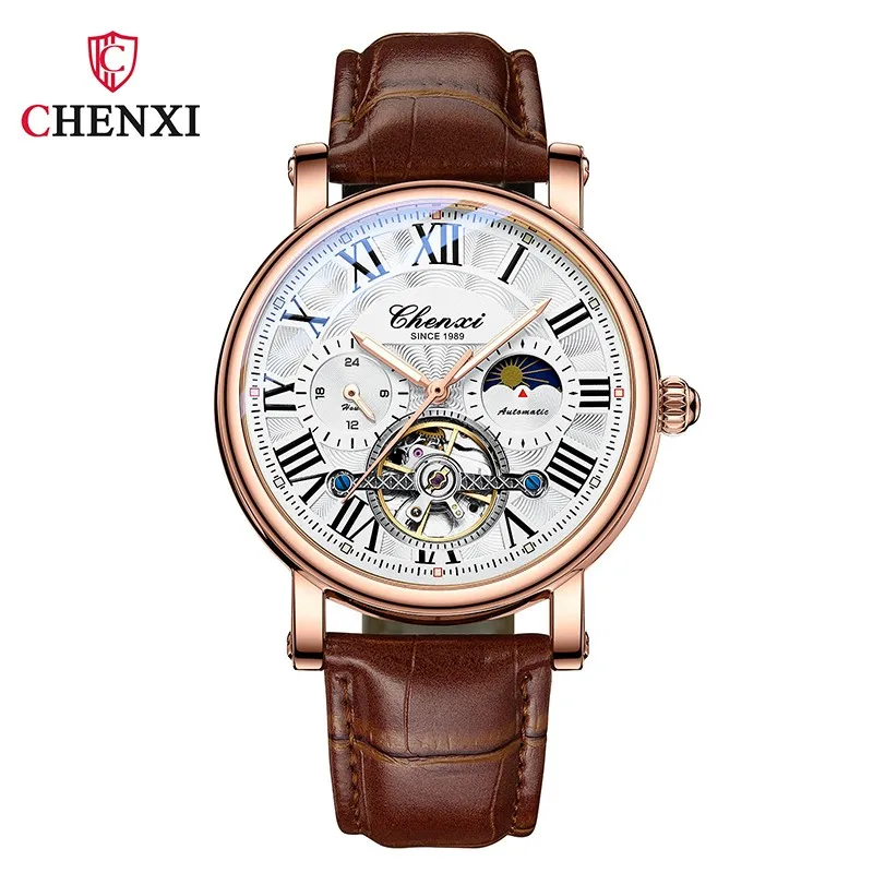 Fashion Chenxi Top Brand Mens Tourbillon Automatic Clock For Men Business Genuine Leather Waterproof Mechanical Wrist Watches