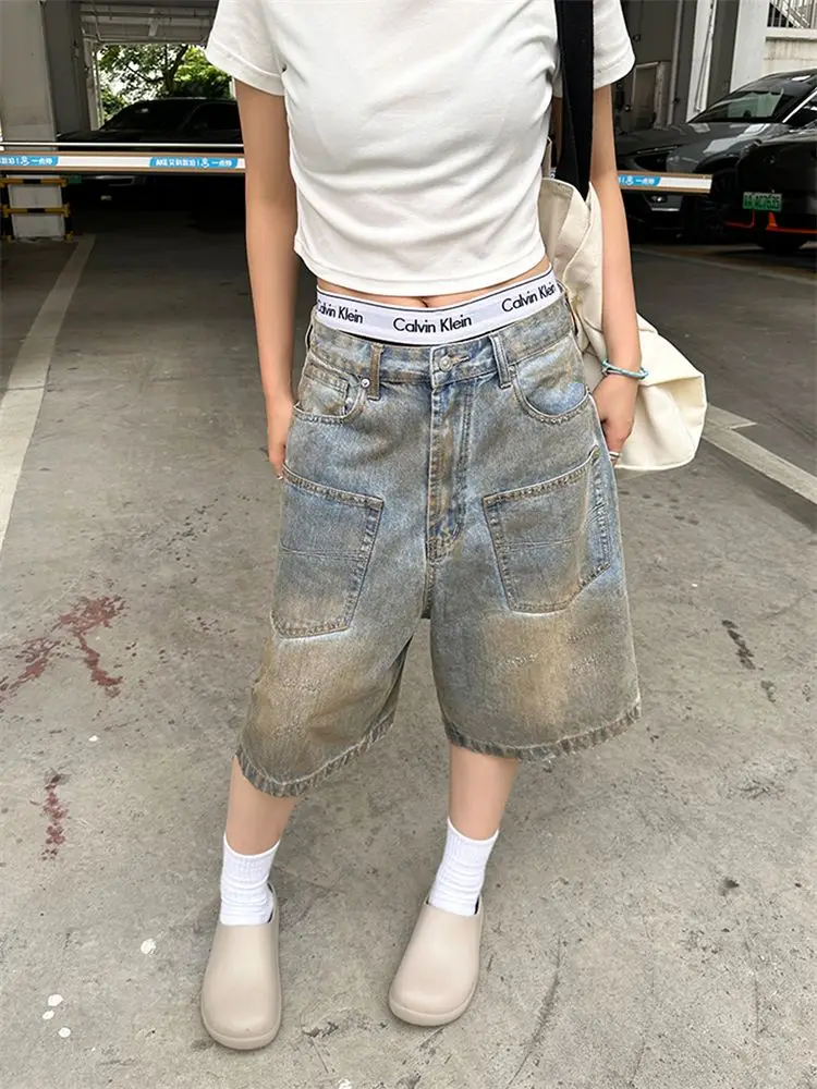Retro Washed Old Denim Shorts Men's and Women's Summer Straight Loose High Street Five-point Medium Pants