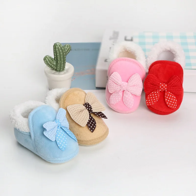 Baby First Walkers Newborn Girls Plush Thickening Warm Princess Shoes Fashion Bow Soft Sole Toddler Prewalkers 6-15M