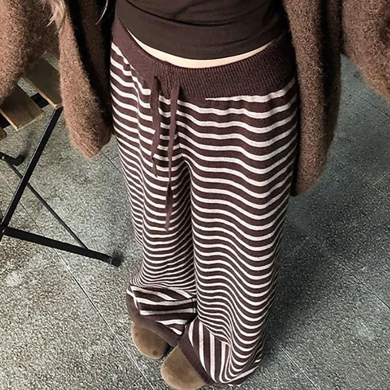 Harajuku Kontrast Farbe Streifen Breite Bein Hosen Vintage Grunge Lose Gestrickte Casual Hose Y2k Ästhetische Frauen Gerade Hosen Neue