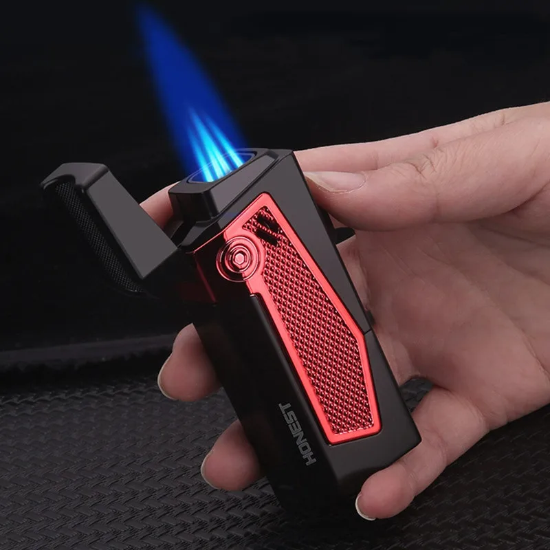 HONEST Outdoor Windproof Butane Gas Lighter Four Blue Flame Torch Straight to Cigar Tools Folding Cigar Cutter Men\'s Gift