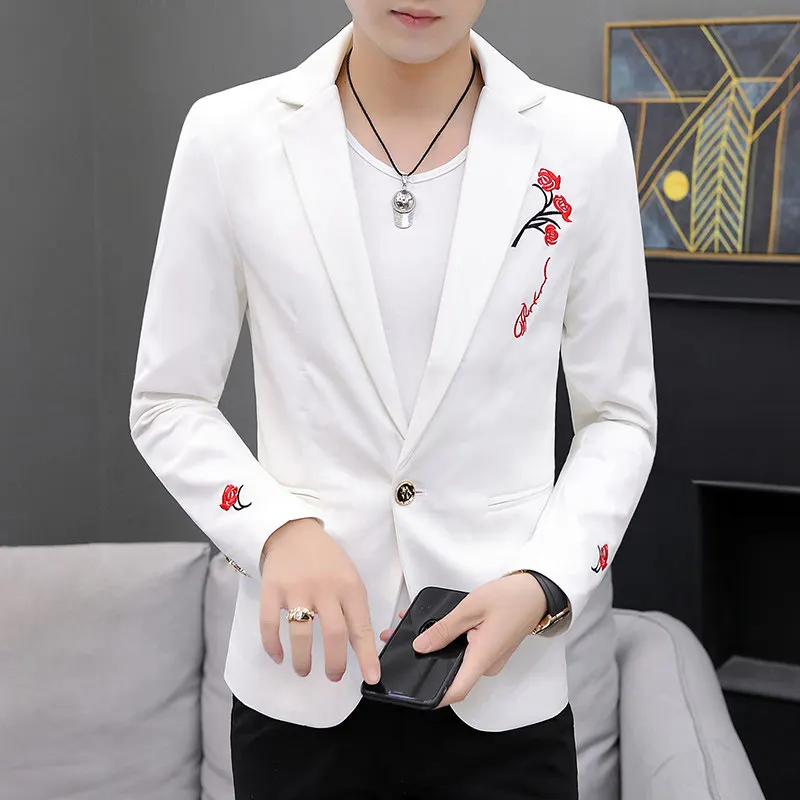 

Men's Casual Embroidered Suit Jaet Slim Fit Briti Sle Spring Autumn Trendy Top Faion Urban Polyester Fiber Long Sve