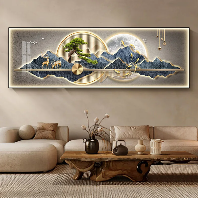 New Chinese Fengshui Mountain Canvas Painting Luxury Deer Landscape Posters Wall Pictures for Living Room Bedroom Decor Unframed