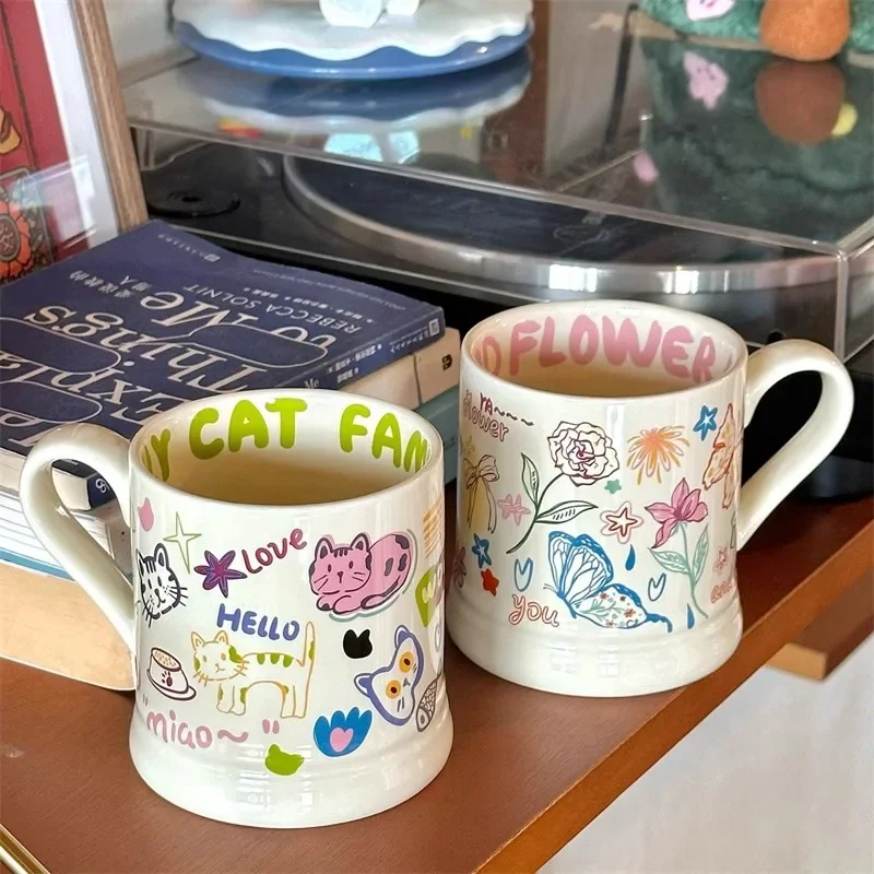 Unique Graffiti Ceramic Mug, Handmade Feel Cute Coffee Cup for Milk Tea, Artistic Birthday Gift Idea