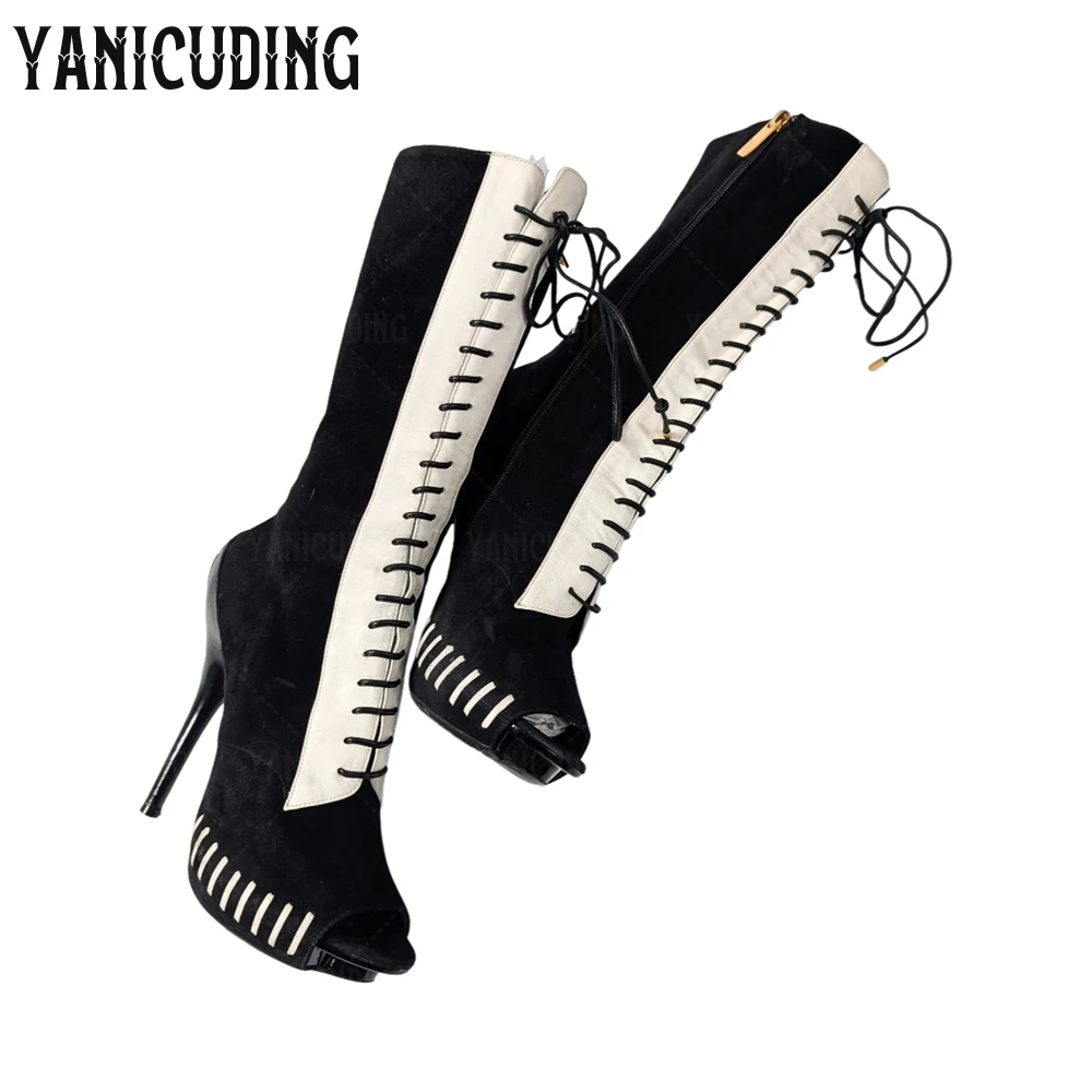 Two Tone Platform Suede Boots Novelty Style Peep Toe Stiletto Boots Black and White Teeth Platform Multiple Lace-Up Zipper Boots