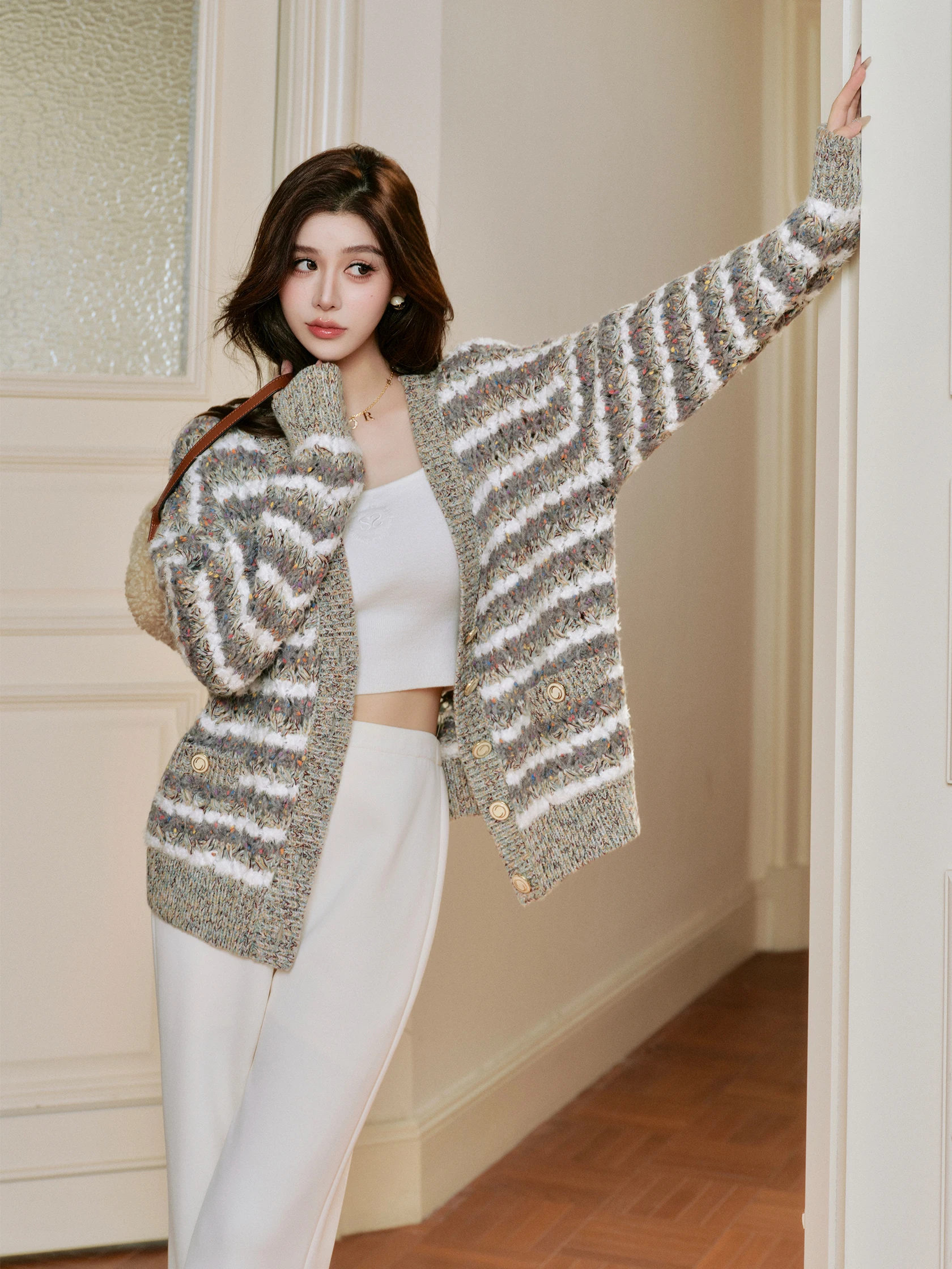 

Вязаный кардиган Org ey een из шерсти с контрастными полосками, винтажный, свободный, вязаный, с V-образным вырезом, класса люкс, в стиле маленькой Франции, осенний