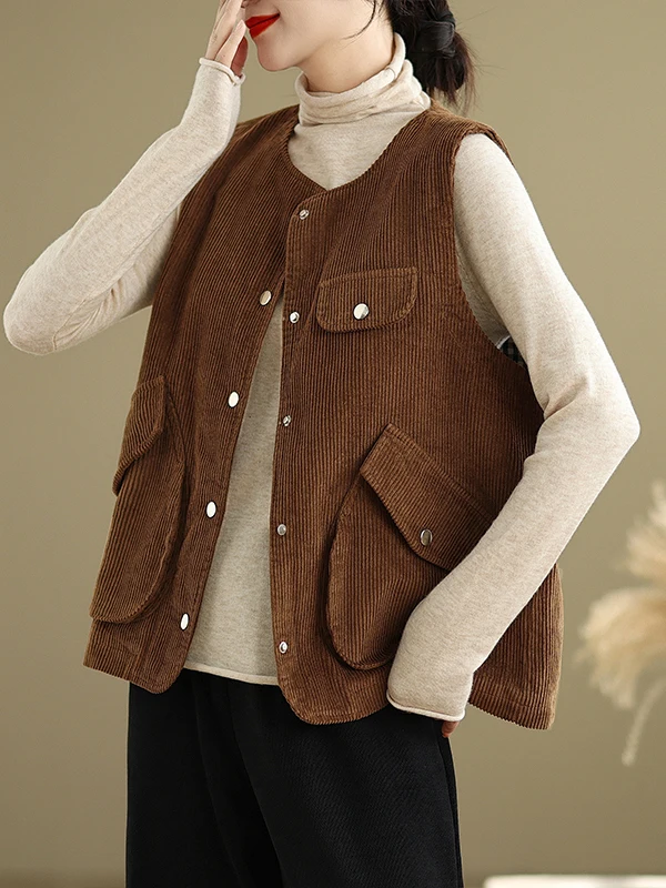 レトロコーデュロイベスト 大きいサイズ レディース ラウンドネックセーター ビッグケッツカラー 秋の新作 ファッション 通勤
