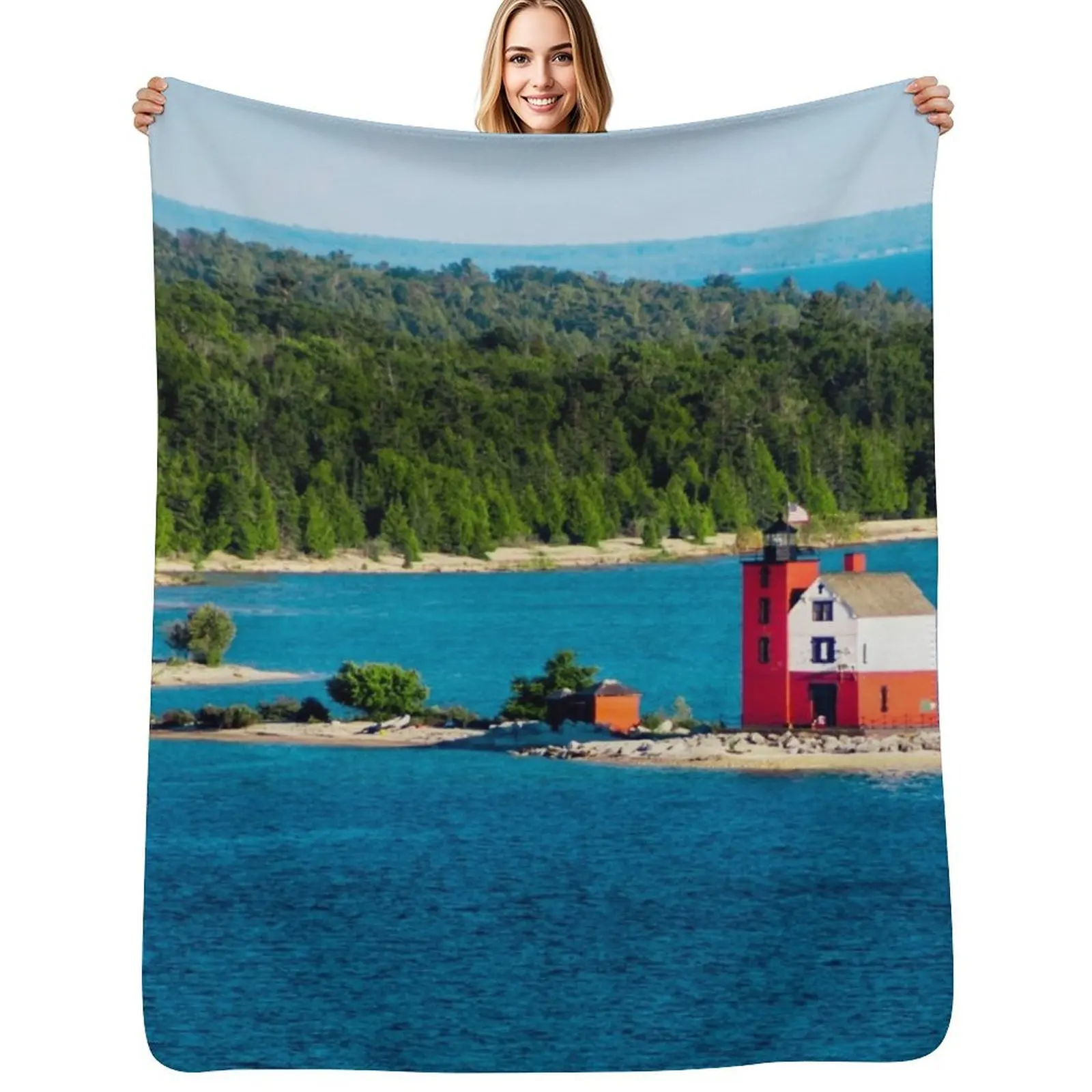 

Round Island Light watching over Lake Michigan on Mackinac Island Throw Blanket All Season Soft Lightweight Blanket for Home