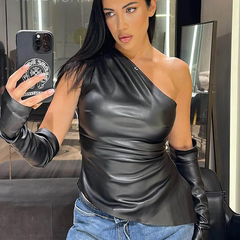 Sexy Shoulder waist Women's tops Leather vest with sleeves irregular hem vest women's clothing image 6