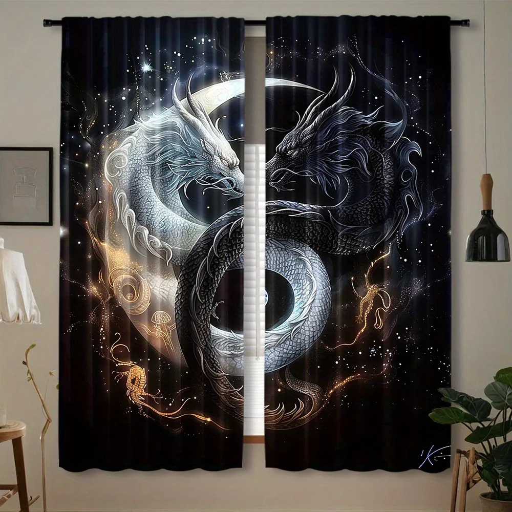 2pcs Yin-Yang Dragon Tai Chi Design Curtains - Celestial Motifs, Rod Pocket, Semi-Transparent Polyester, Ideal for Living Room,