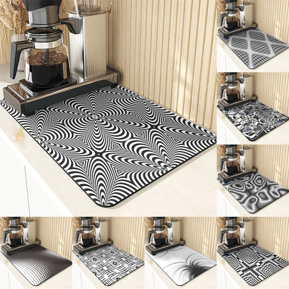 Geometry Style Coasters For Coffee Cups Dining Table Place Mats Black And White Pattern Individual Tables Diatomaceous Earth Mat