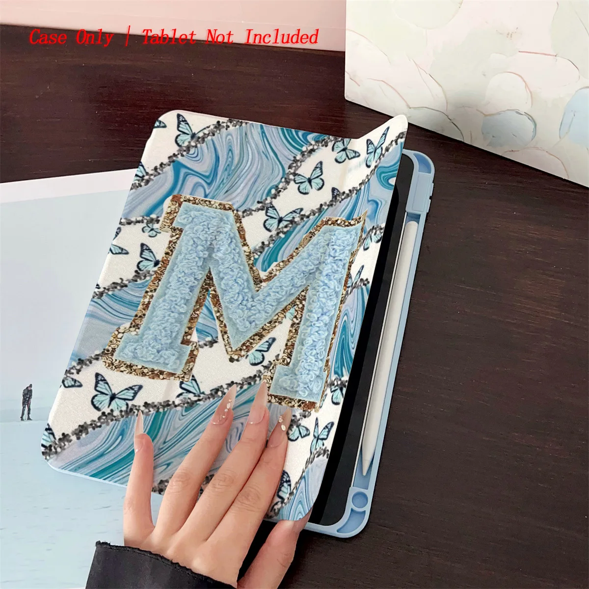 حافظة iPad بتصميم M كبير باللونين الأزرق والذهبي لهاتف Apple iPad Pro 12.9 Air 5 Mini 6 9th Gen غطاء نحيف مضاد للخدش