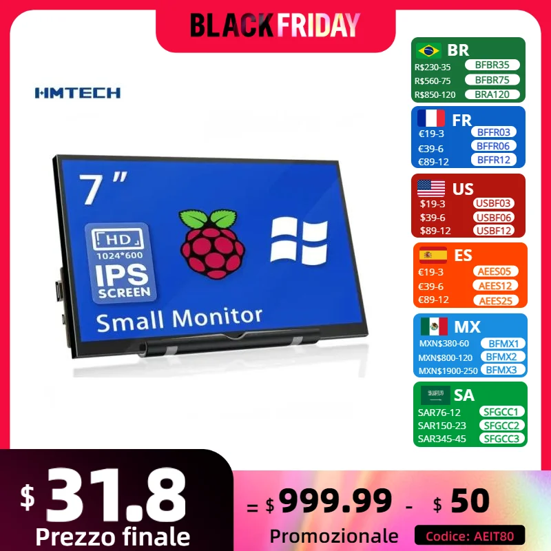 IPS 7 Inch Portable Mini Monitor Raspberry Pi Screen HD 1024*600 Switch PS4 Gaming Monitor Laptop PC Computer Secondary Screen