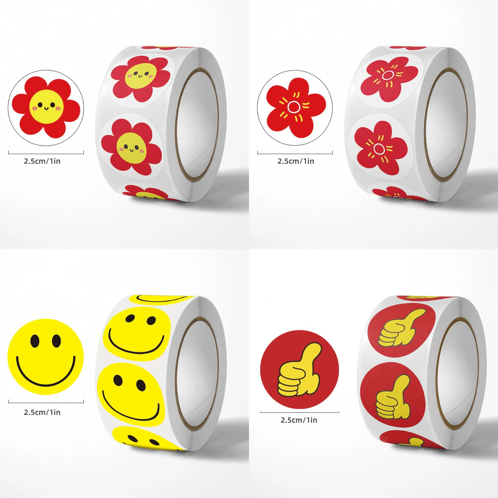 Autocollants de récompense et de louange en forme de petite fleur rouge, avec smiley et pouce levé, en papier couché auto-adhésif en rouleau