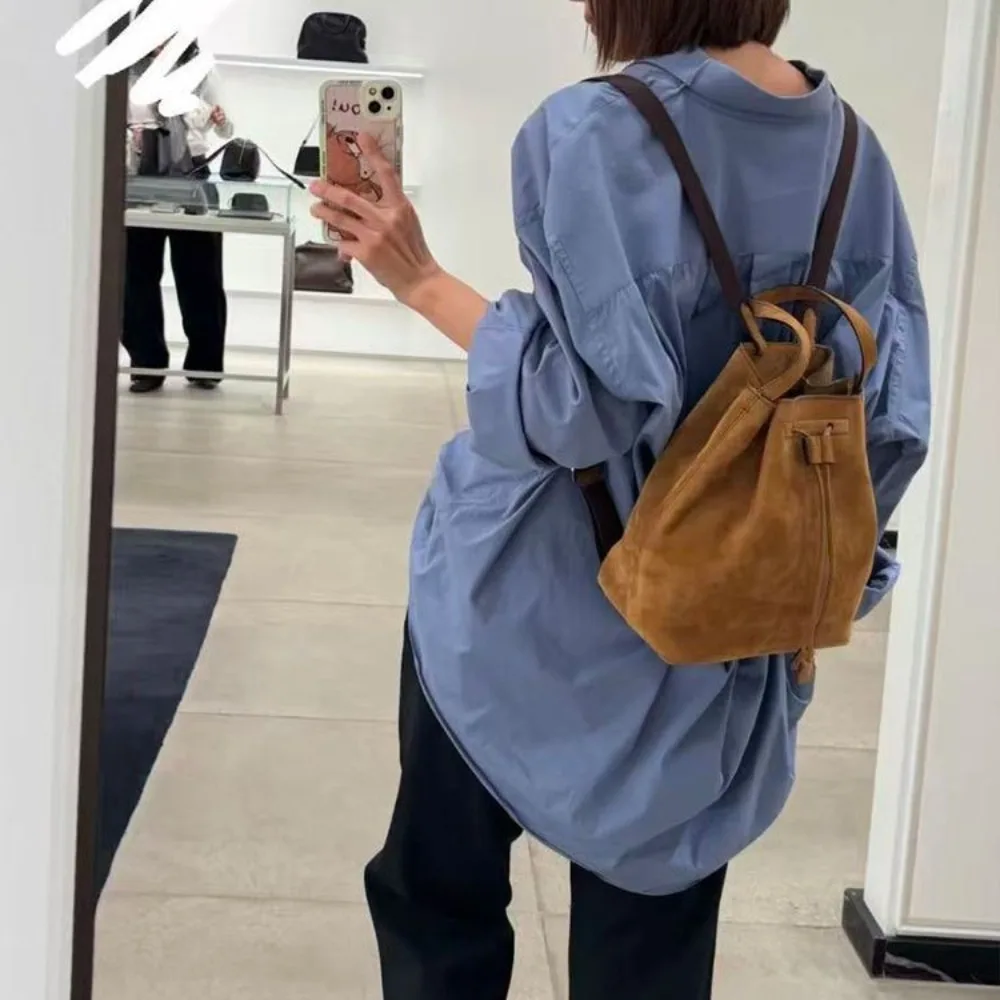 Backpack Leather Backpack Drawstring Bucket Bag Commuter Large Capacity Women's Bag Unique Texture Stylish Simplicity Versatile