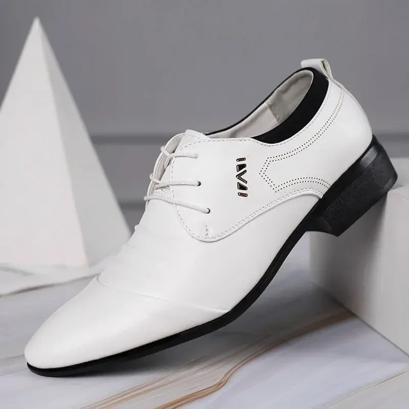 Zapatos de vestir clásicos para hombre, zapatos de cuero blanco con cordones, talla grande, Punta puntiaguda, informales de negocios, zapatos formales para boda