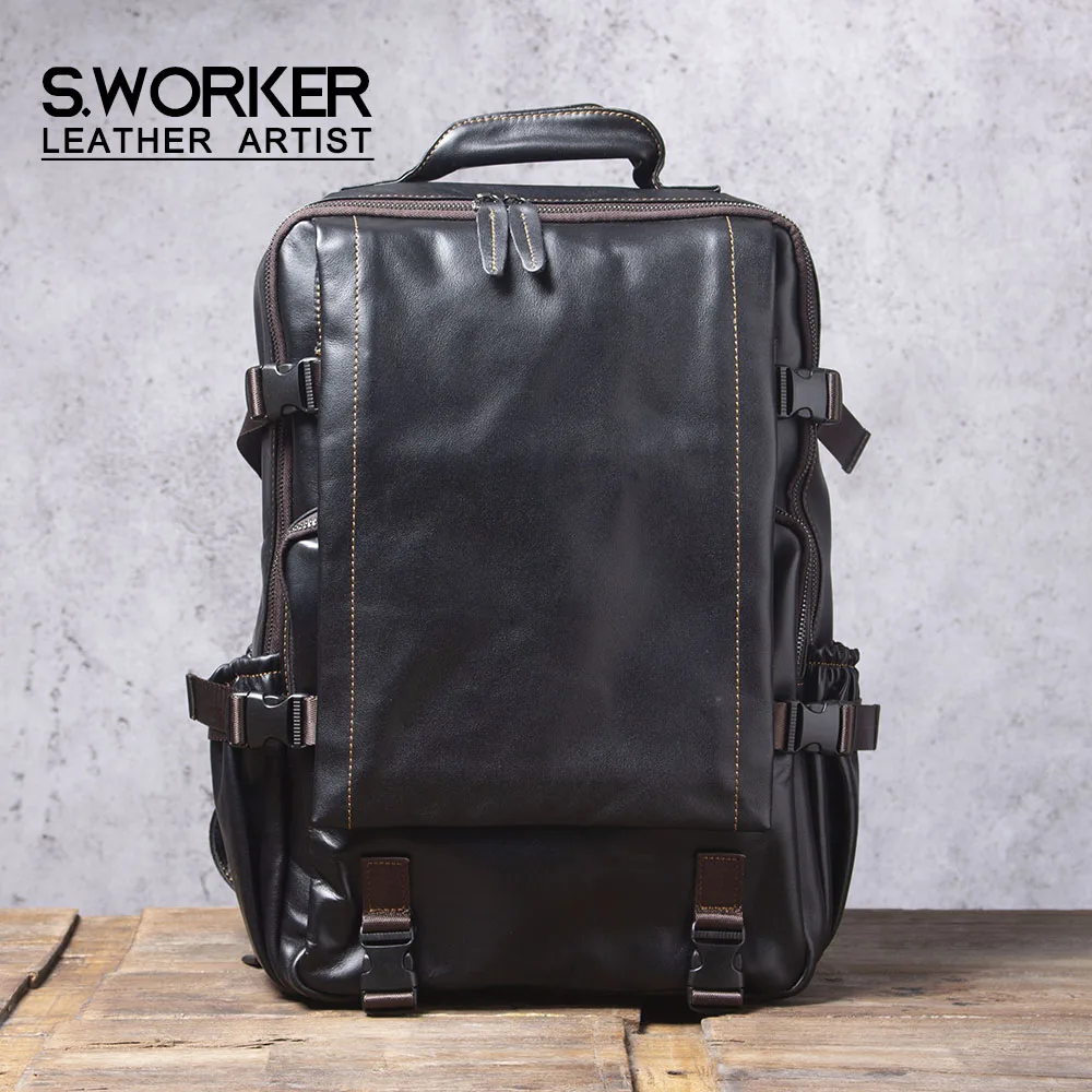 S.WORKER Lässiger Herrenrucksack aus echtem Leder, große Kapazität, 15" Laptop-Reisetasche, Schulrucksack aus Rindsleder, modische Wochenendtasche – Detail 2
