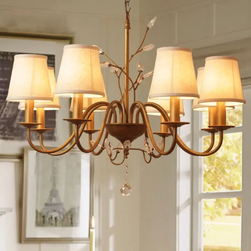 

Home Crystal Fabric Chandelier Light Iron Retro Villa Living Room Dining Study Bedroom American Country Style