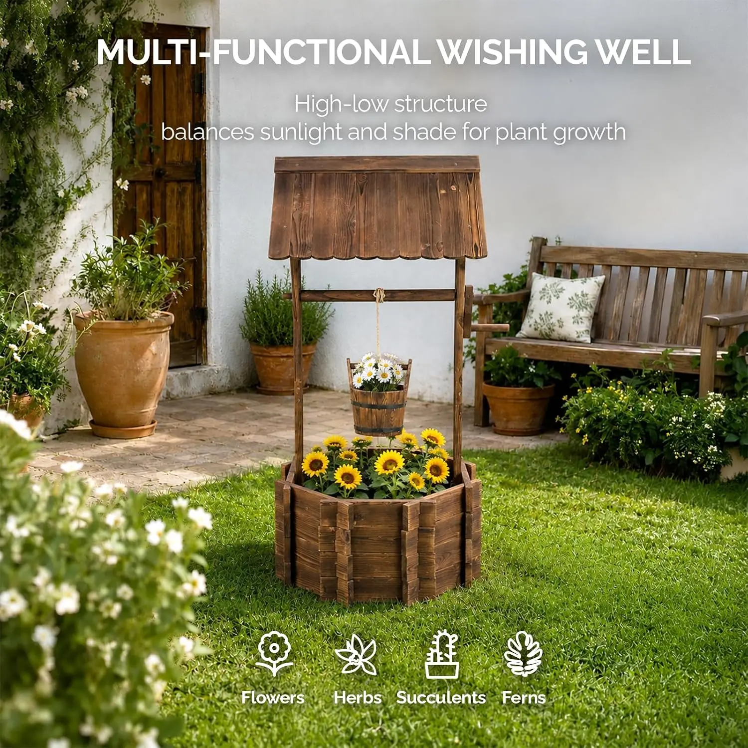 Wooden Wishing Well Outdoor Planters, Well Covers for Yard with 2 Reinforced Rods, Height Adjustable Hanging Bucket, Rustic Flower Pot Decor for Outside Patio Garden (Carbonized, 22