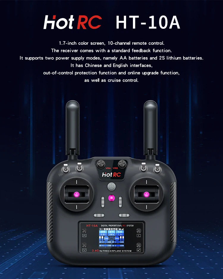 HOTRC HT-10A 2.4G 10CH Transmitter Mode1/2/3 Multi-Functional Remote Control F-06A F-08A F-10A Receiver for RC Airplane Drones
