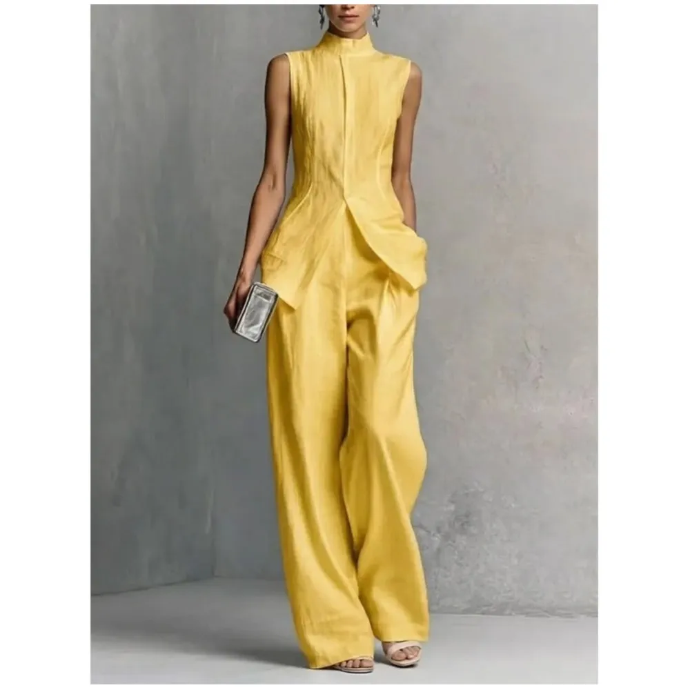 

Fashion Stand-up Collar Sleeveless Tops Trousers 2 Piece Set Summer New Slim Elegant Wide-leg Trousers Female Office Suit 2026
