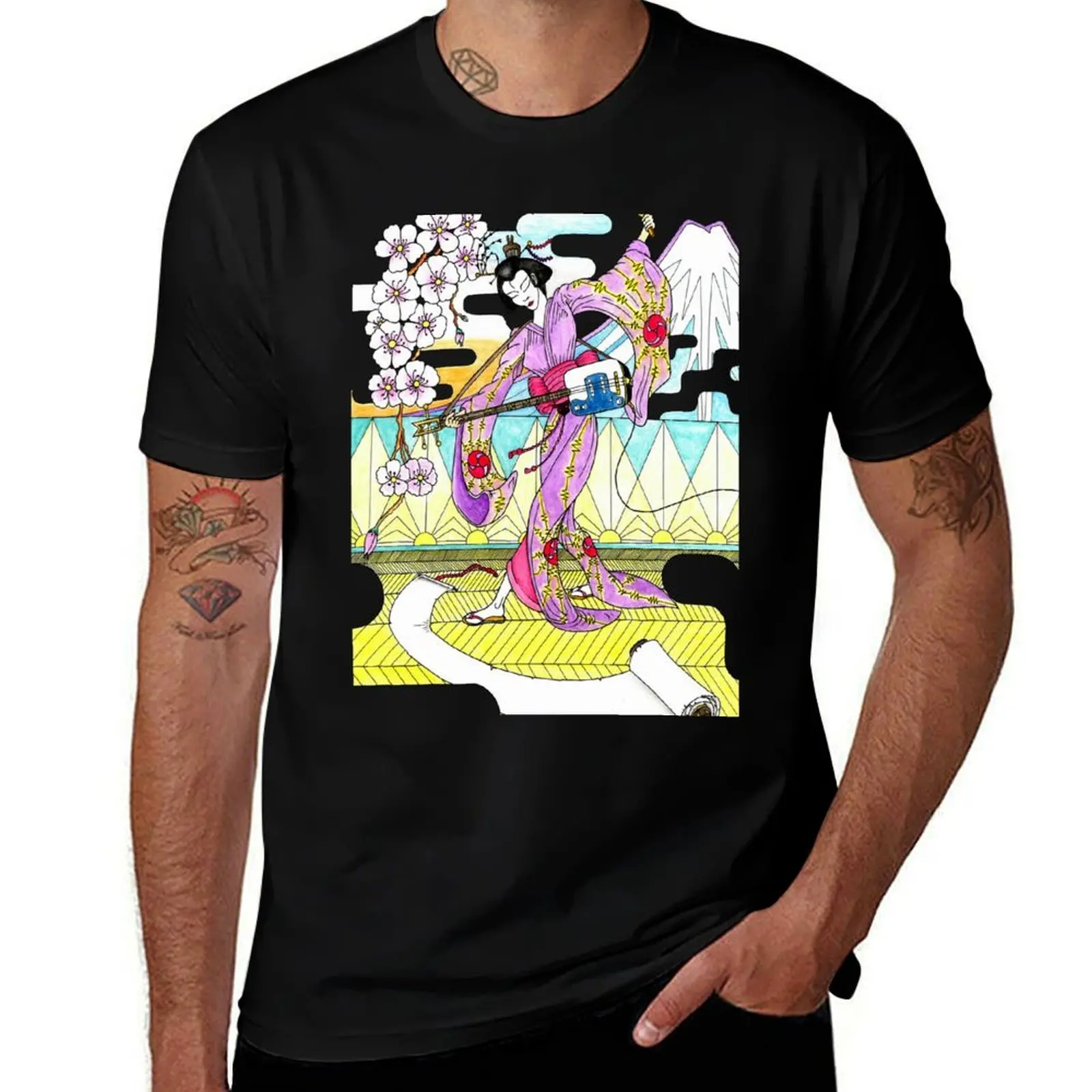

Geisha in an electric shamisen solo. T-Shirt cotton tshirt 100% anime t shirts oversize T-Shirt