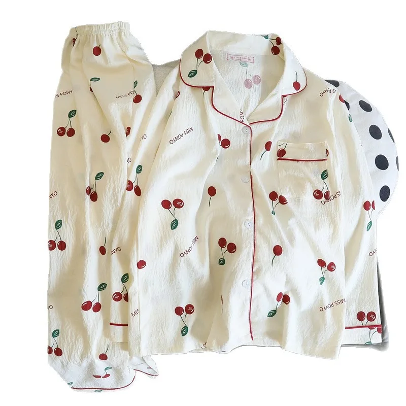 بيجامة كورية عصرية على الطراز المنزلي ملابس غير رسمية مطبوعة مكونة من قطعتين، بيجامة خريفية تشبه القطن سراويل نسائية ومجموعة علوية، بيجامات.