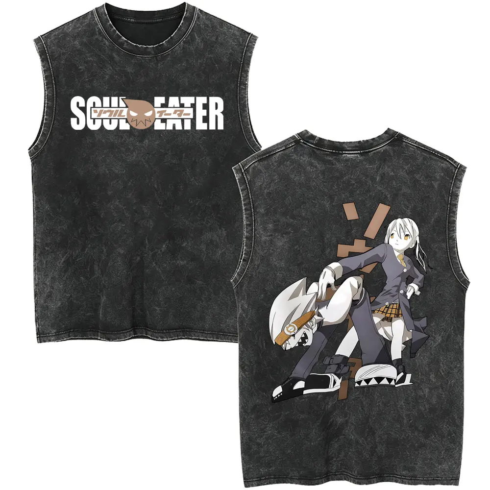 Anime Soul Eater Soul Evans Maka Albarn Merch Vintage Washed Tank Tops Men Women Cartoon Loose Oversized Sleeveless Vest T-shirt