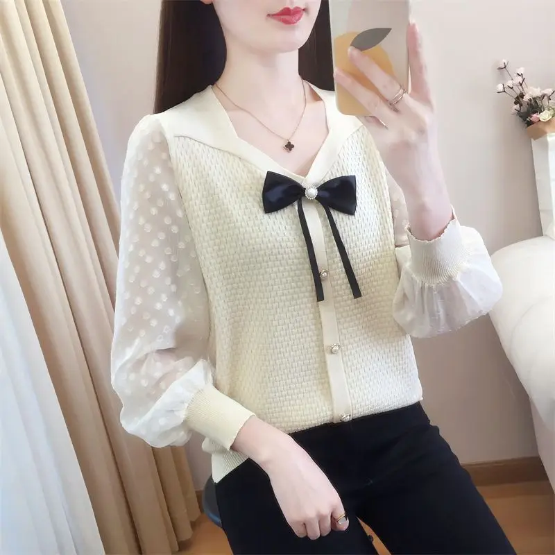 Sweet V-Neck Polka Dot Gauze Spliced Knitted Bow Blouses Women's Clothing 2024 Spring Summer New Loose Casual Tops Korean Shirts