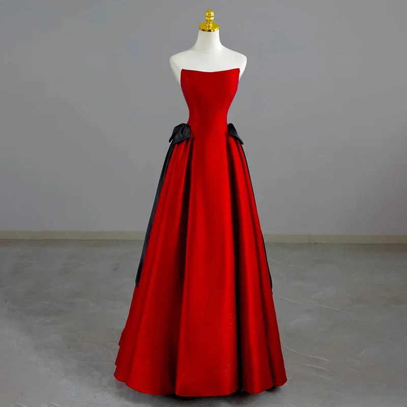 

Evening Dress Strapless Pleat Floor-Length Sleeveless Lace Up A-Line Red New Satin Luxurious Party Formal Dresses Woman B2784