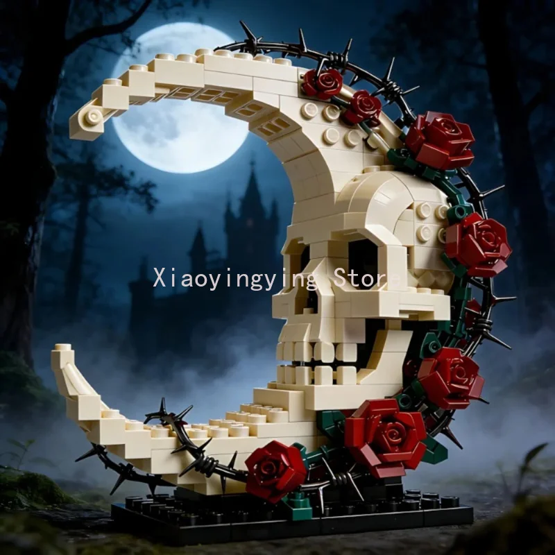 MOC Gothic Skull Crescent Moon Rose Brick Sculpture DIY Assemble Set Dark Style Home Display Ornament