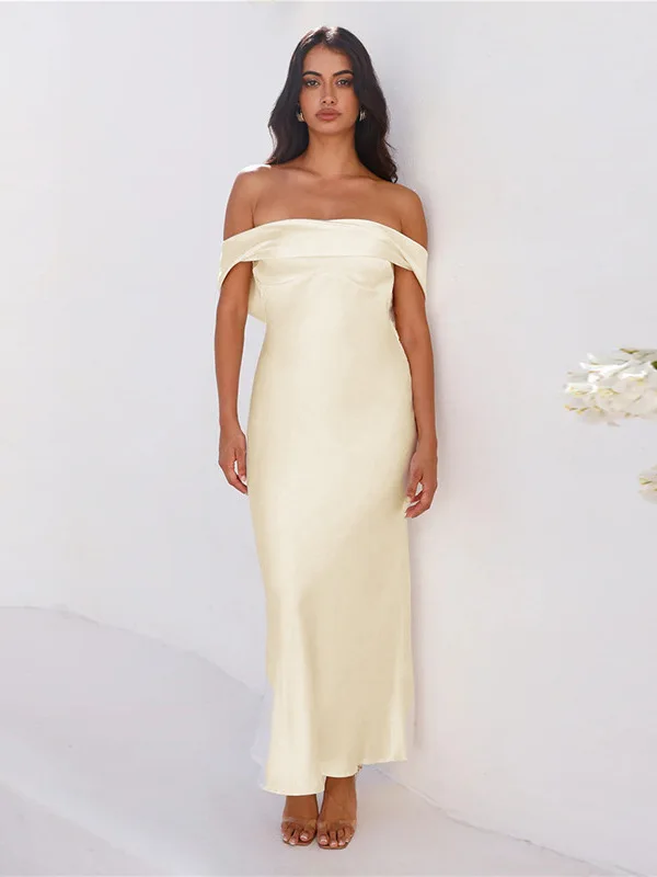 Sexy Satin Strapl Une épaule Dr European Sle Taille haute Bal Jupe longue sans Sve High Quali Polyester M...